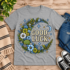 Good Luck In Blue cute celestial graphic t-shirt cozy flat lay in athletic heather.