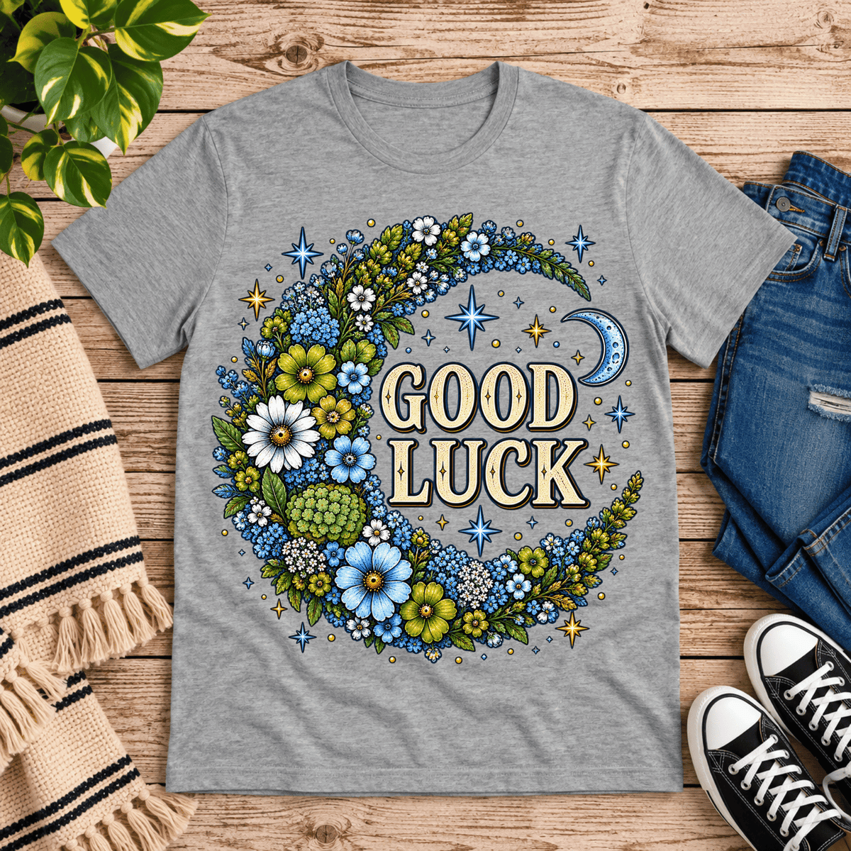 Good Luck In Blue cute celestial graphic t-shirt cozy flat lay in athletic heather.