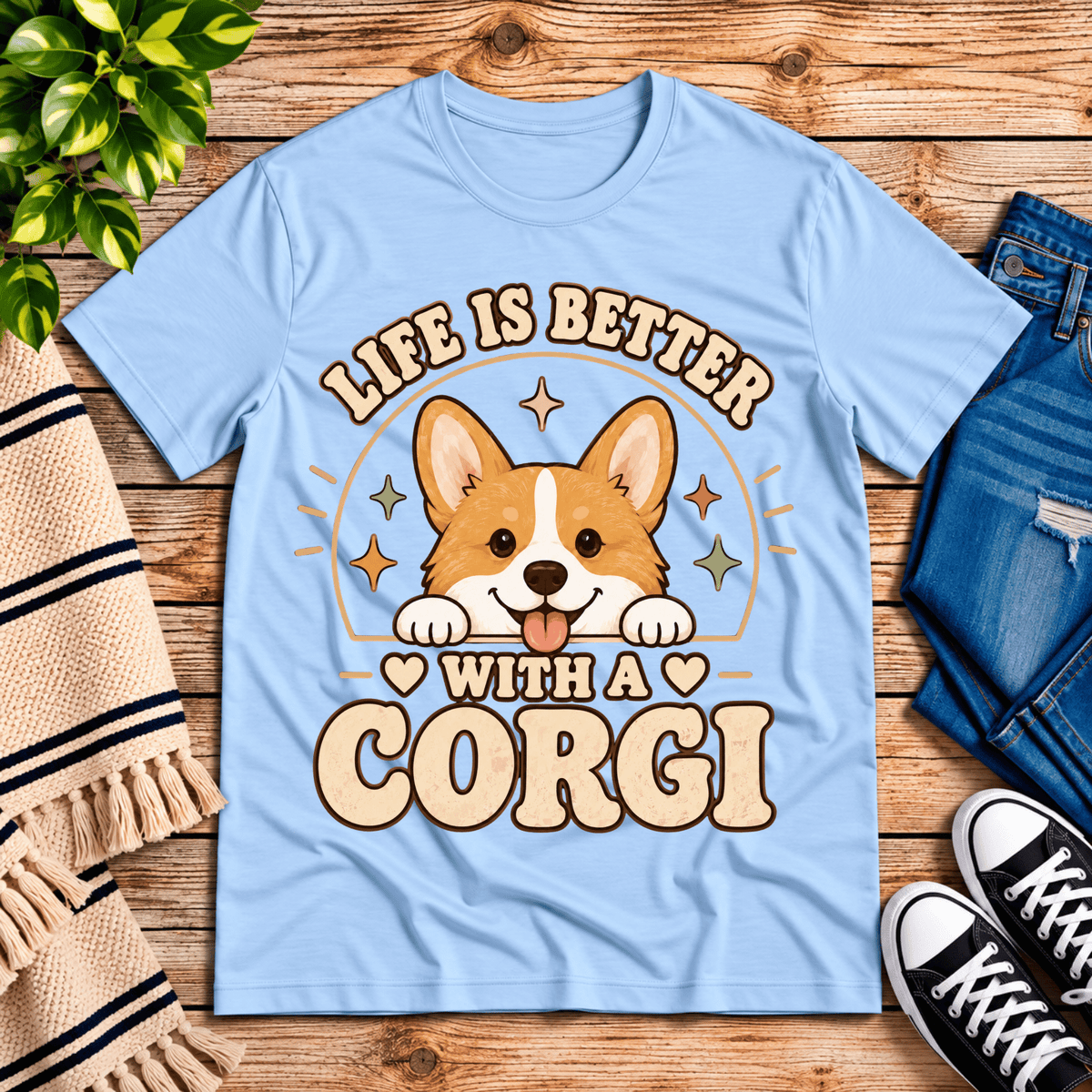 Life Is Better cute animal graphic t-shirt cozy flat lay in baby blue.