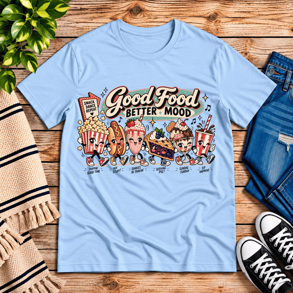 Good Food retro food graphic t-shirt cozy flat lay in baby blue.
