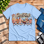 Good Food retro food graphic t-shirt cozy flat lay in baby blue.