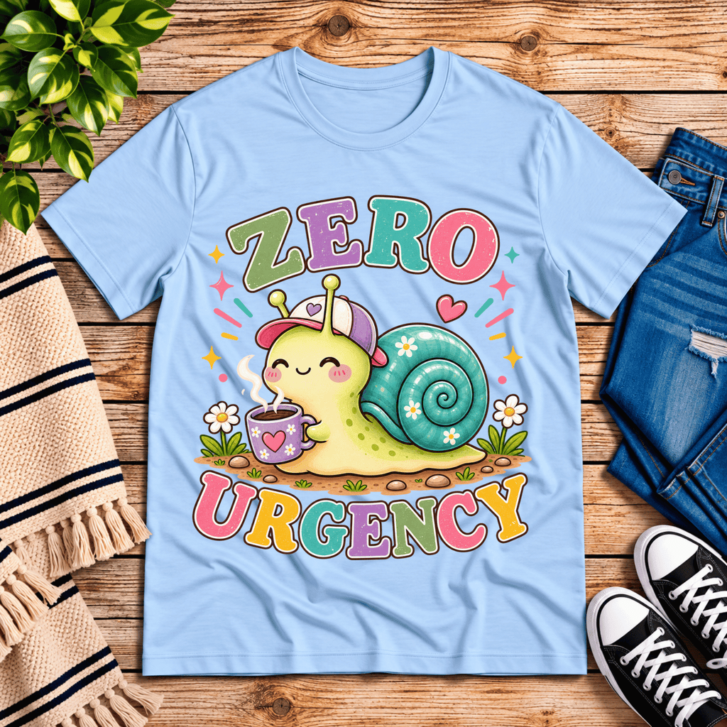 Zero Urgency cute animal graphic t-shirt cozy flat lay in baby blue.