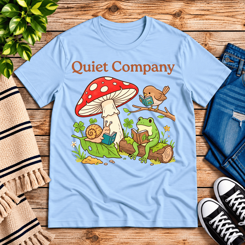 Quiet Company cute cottagecore graphic t-shirt cozy flat lay in baby blue.
