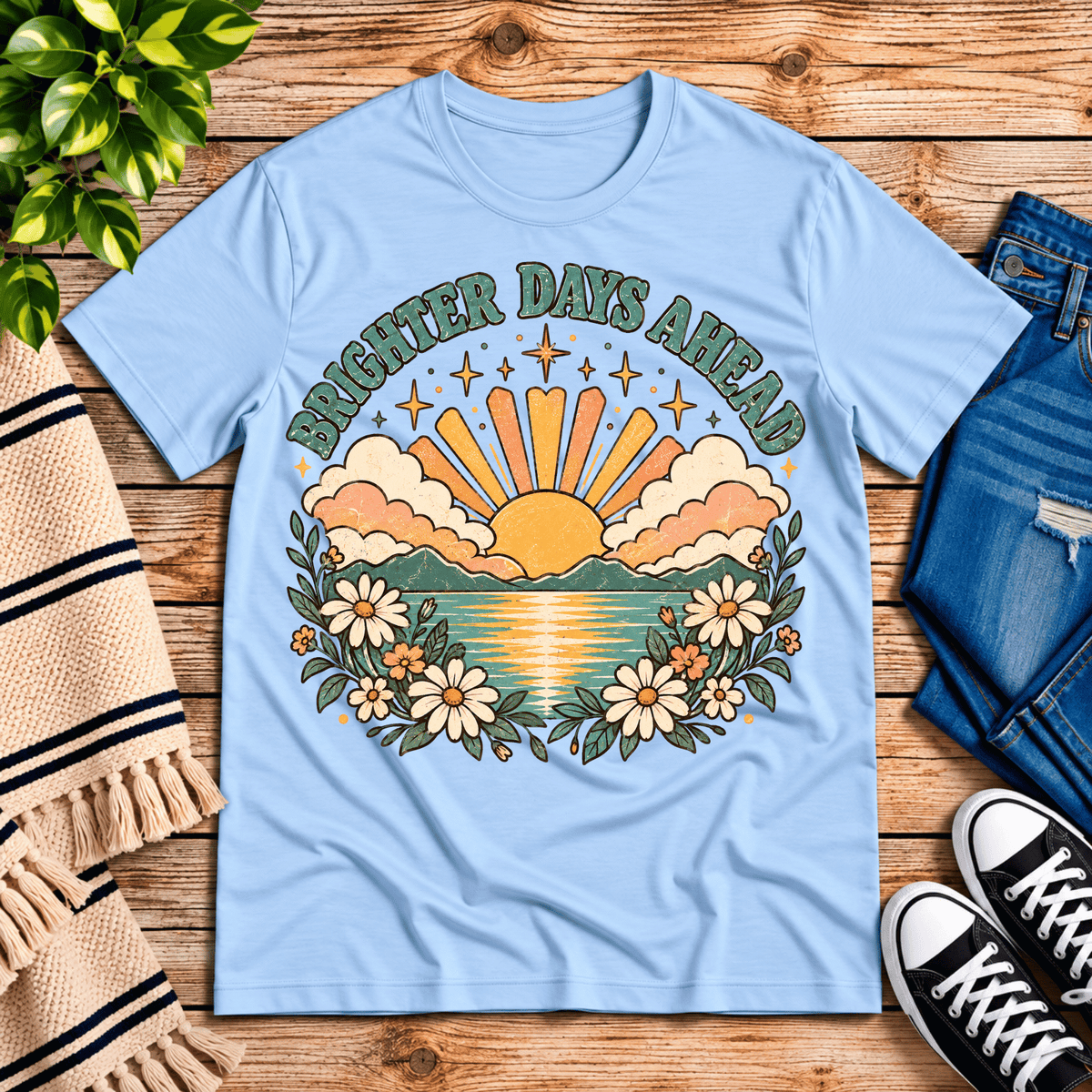 Brighter Days Ahead inspirational introvert graphic t-shirt cozy flat lay in baby blue.