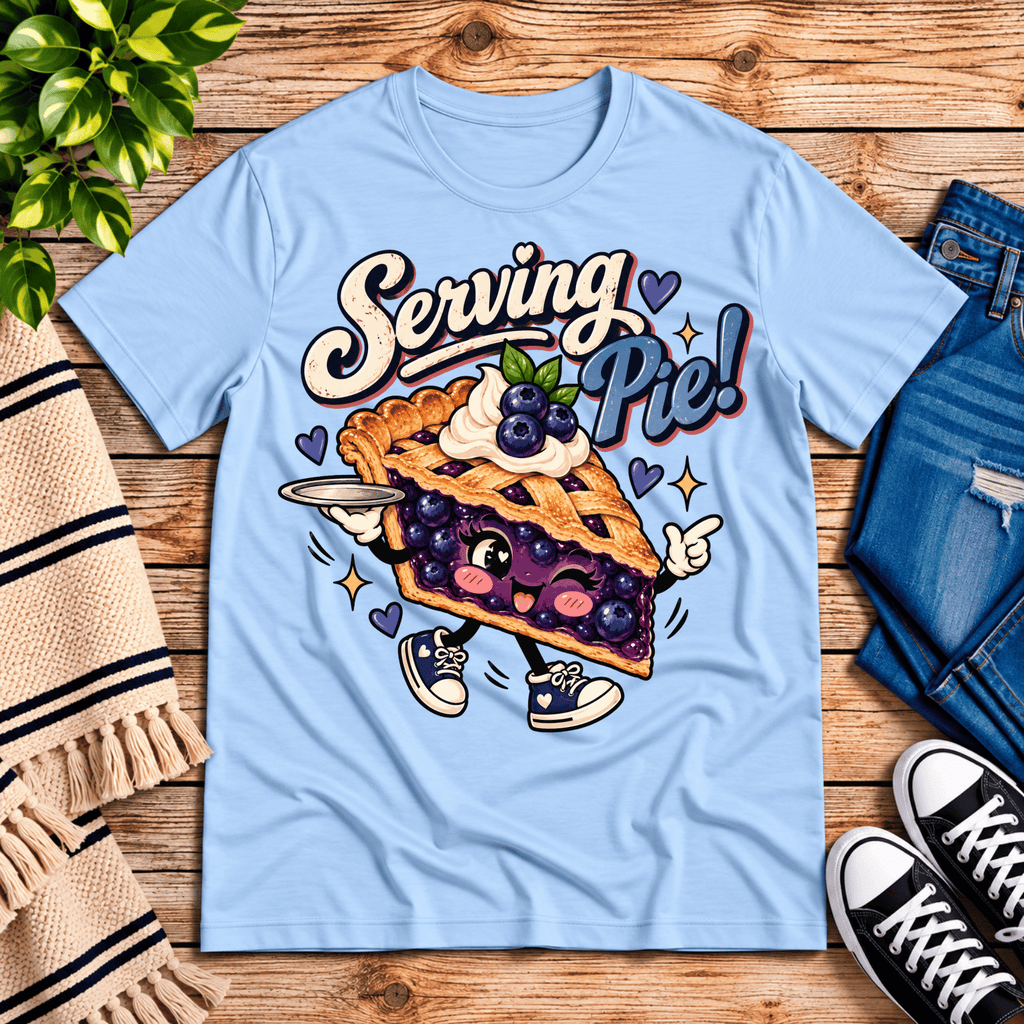 Serving Pie retro food graphic t-shirt cozy flat lay in baby blue.