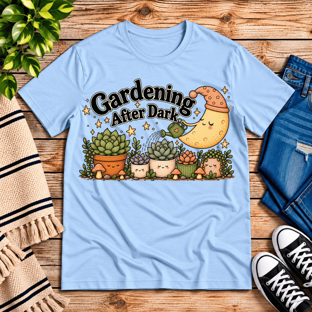 Gardening After Dark nature lover graphic t-shirt cozy flat lay in baby blue.