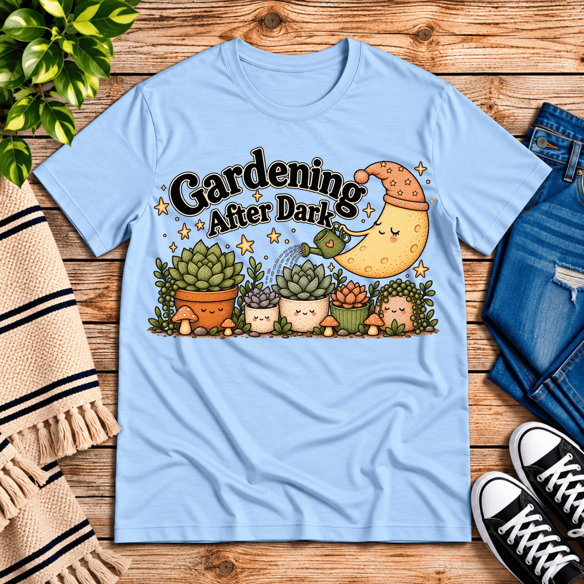 Gardening After Dark nature lover graphic t-shirt cozy flat lay in baby blue.