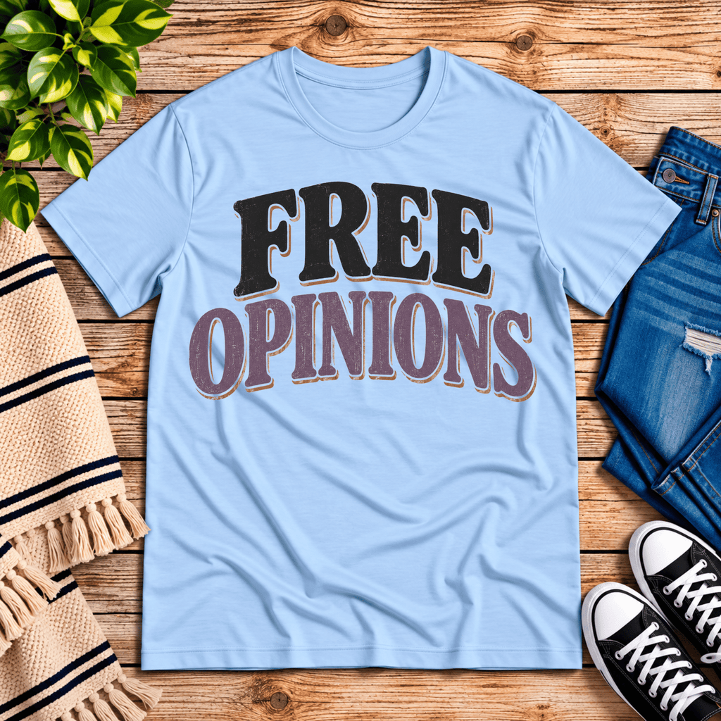 Free Opinions funny introvert graphic t-shirt cozy flat lay in baby blue.