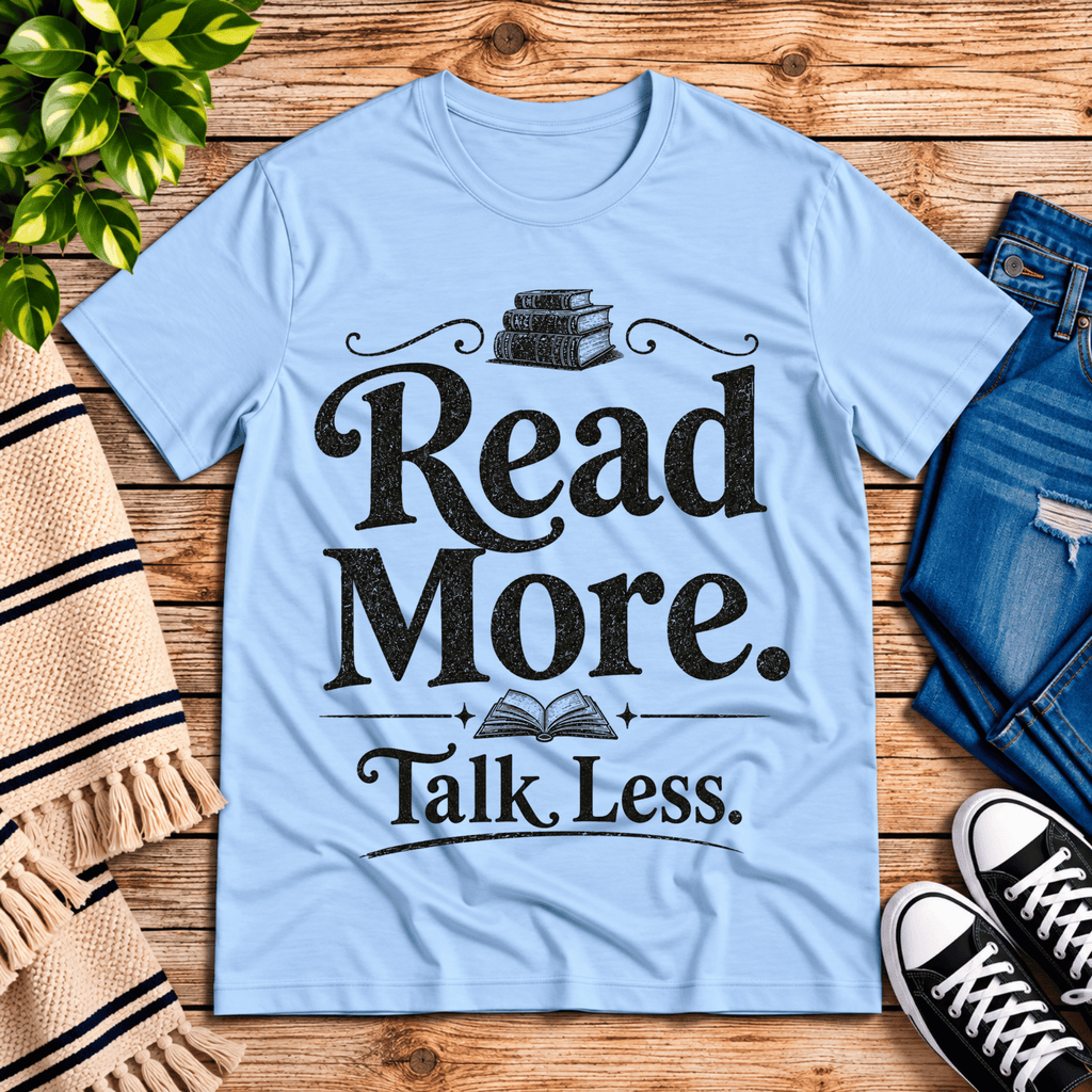 Talk Less funny book graphic t-shirt cozy flat lay in baby blue.