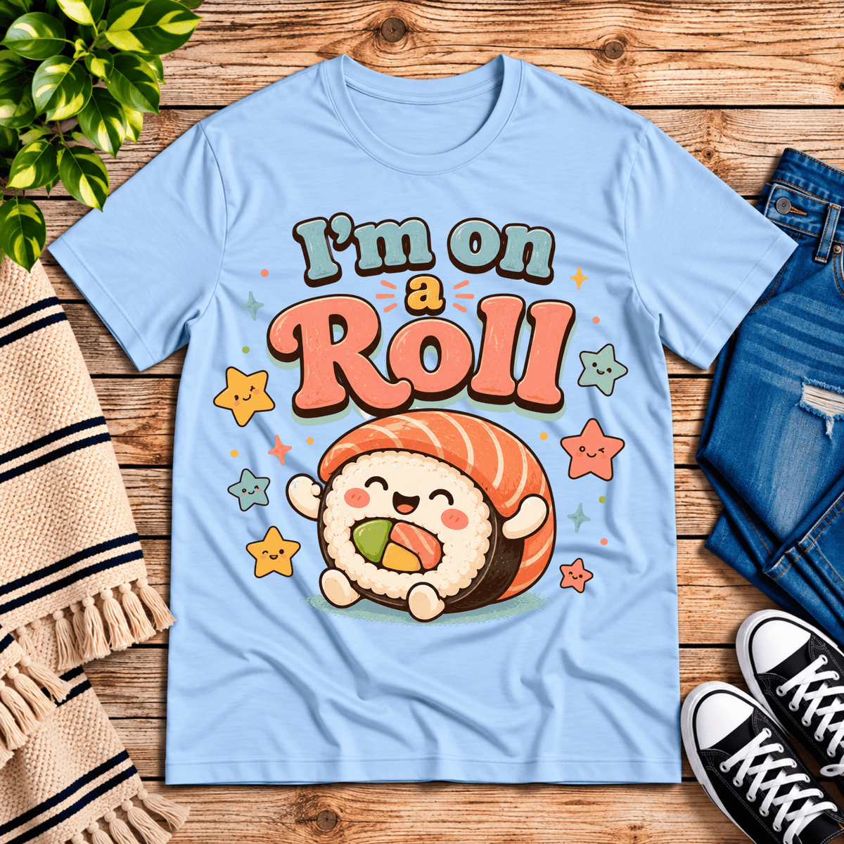 I'm On A Roll cute food graphic t-shirt cozy flat lay in baby blue.