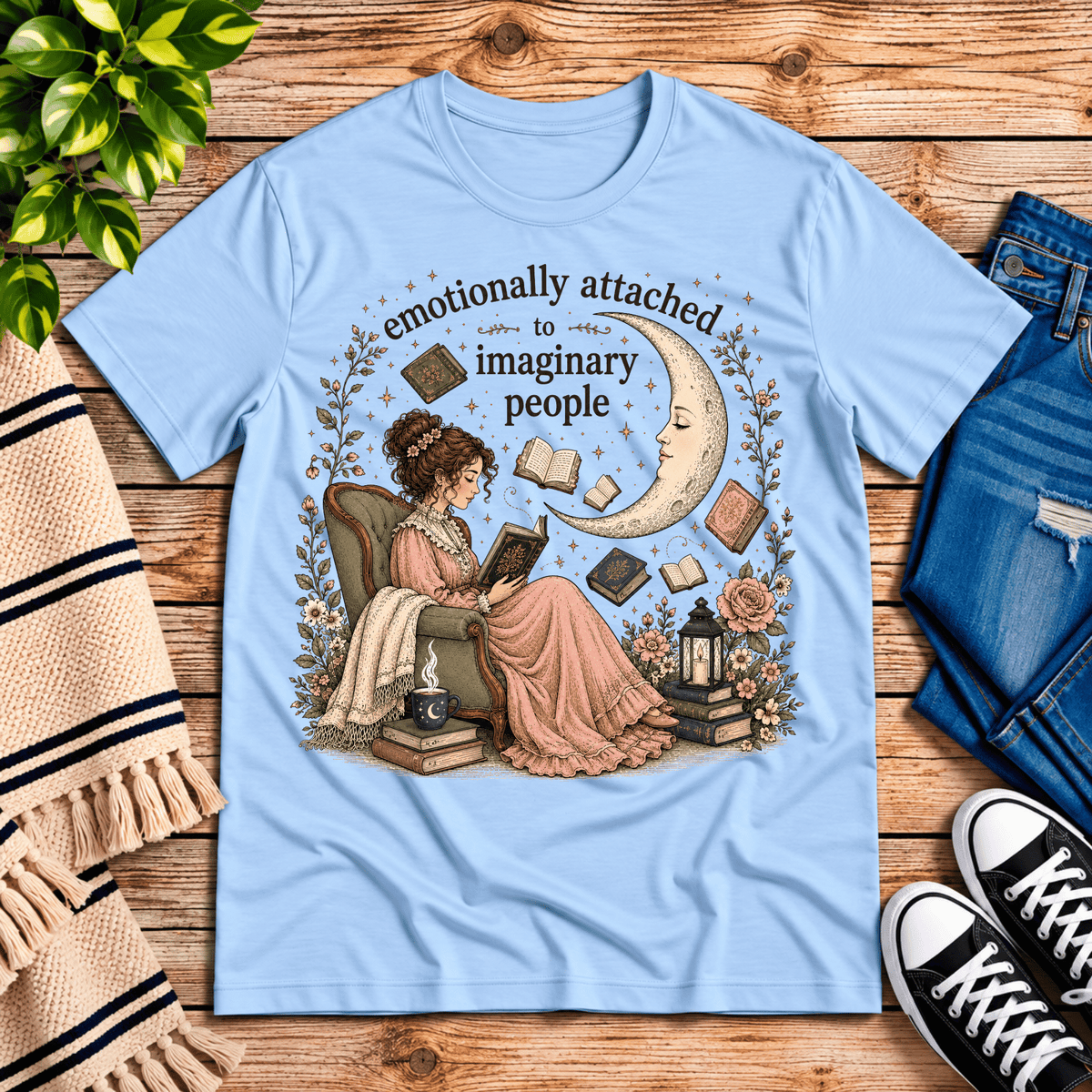 Imaginary People cute book graphic t-shirt cozy flat lay in baby blue.