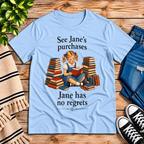 See Jane's Purchases vintage book graphic t-shirt cozy flat lay in baby blue.
