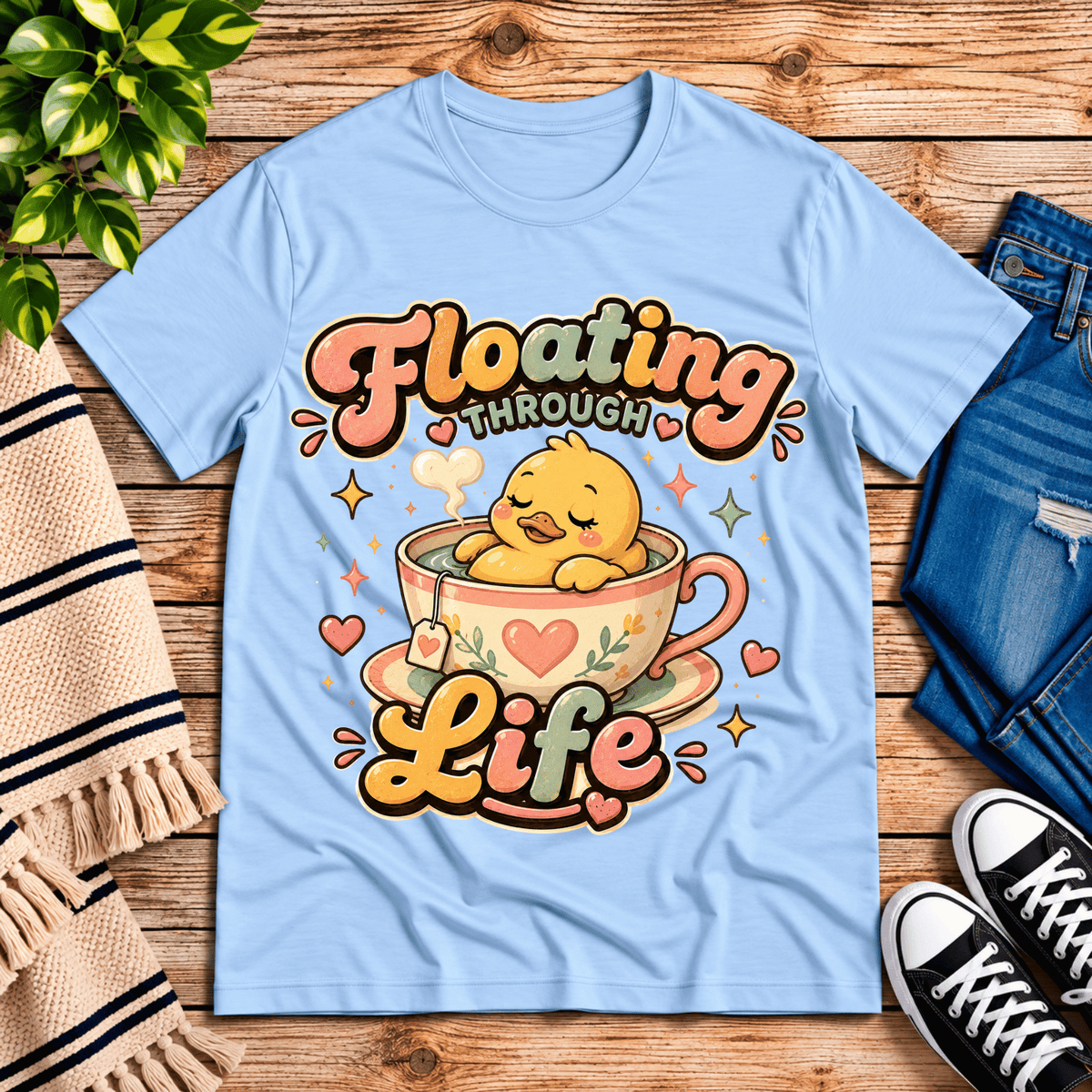 Floating Through Life cute animal graphic t-shirt cozy flat lay in baby blue.