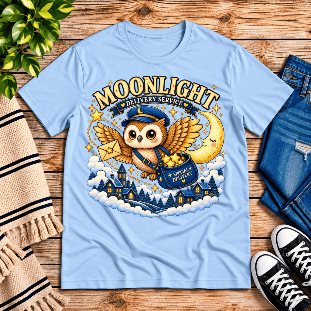 Moonlight Delivery cute animal graphic t-shirt cozy flat lay in baby blue.