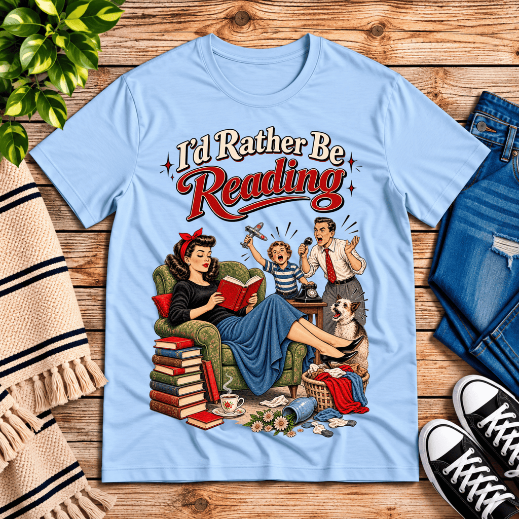 A cozy flat lay mockup of I'd Rather Be retro book graphic t-shirt in baby blue.