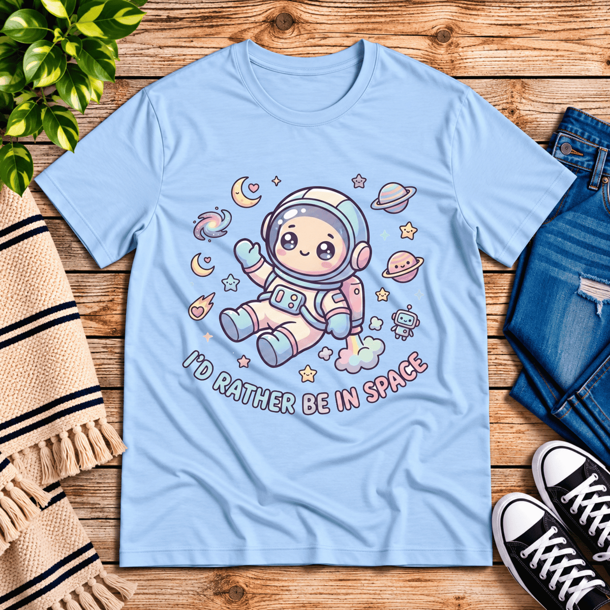 Floating In Space funny introvert graphic t-shirt cozy flat lay in baby blue.