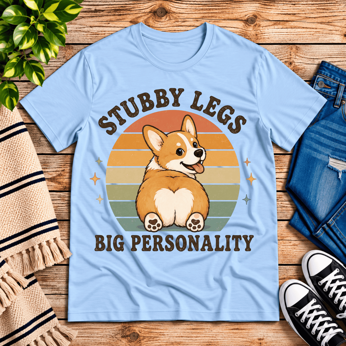 Stubby Legs cute animal graphic t-shirt cozy flat lay in baby blue.