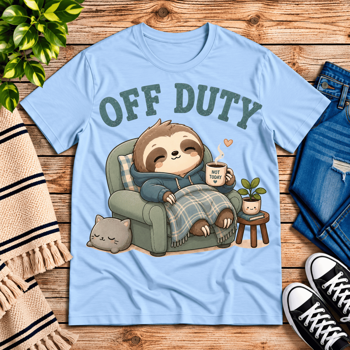 Off Duty cute animal graphic t-shirt cozy flat lay in baby blue.