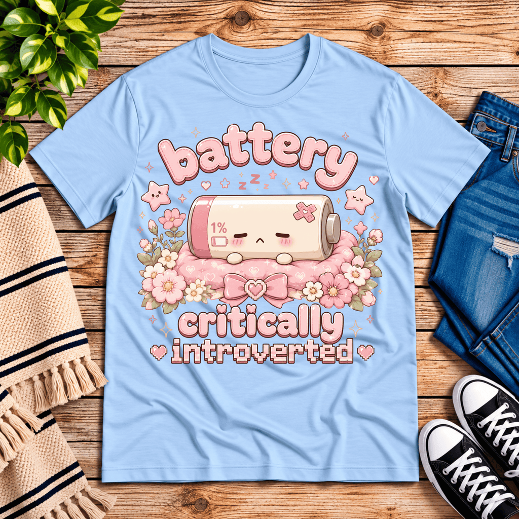 Battery Critical funny introvert graphic t-shirt cozy flat lay in baby blue.