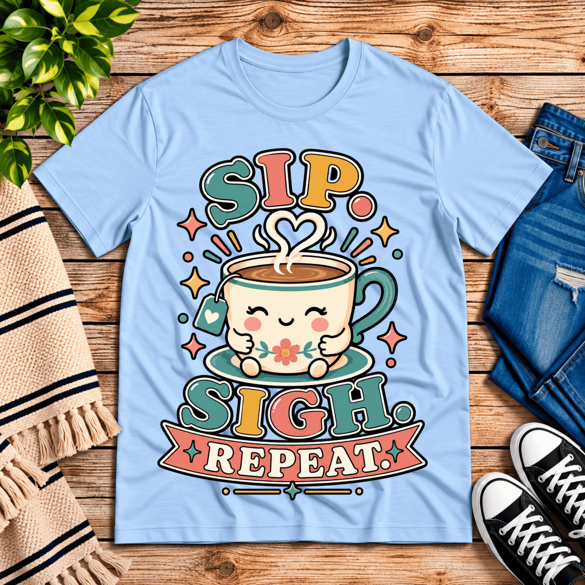 Sip. Sigh. Repeat. coffee graphic t-shirt cozy flat lay in baby blue.