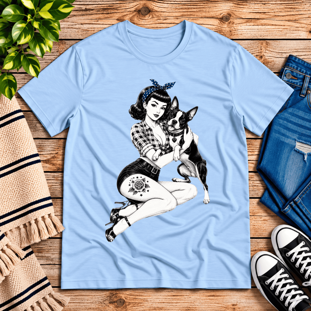 Boston Love pinup graphic t-shirt cozy flat lay in baby blue.