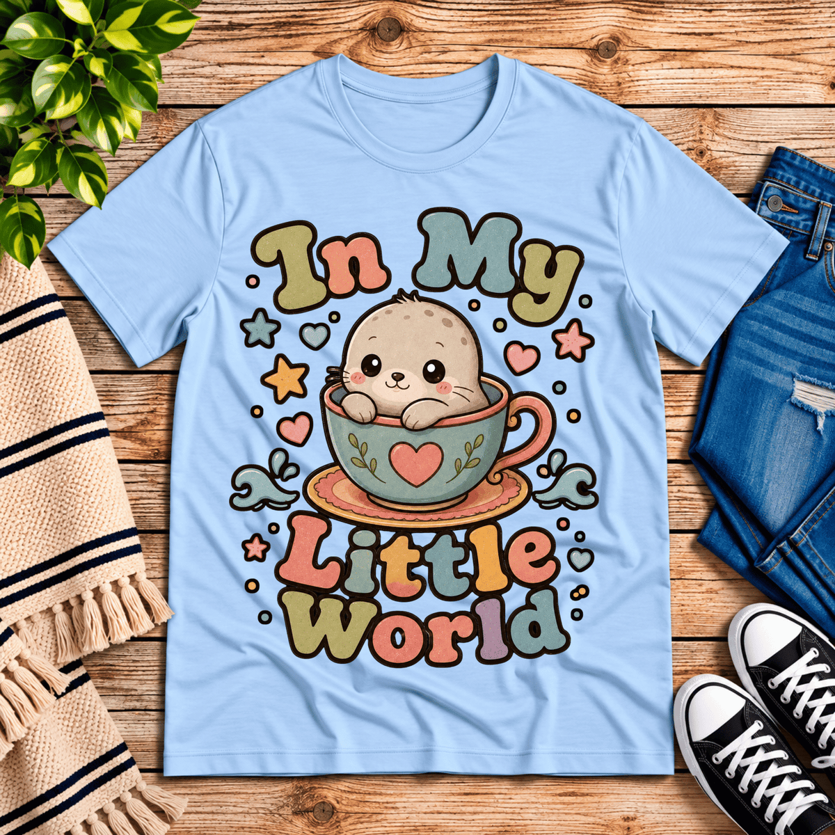 In My Little World cute animal graphic t-shirt cozy flat lay in baby blue.