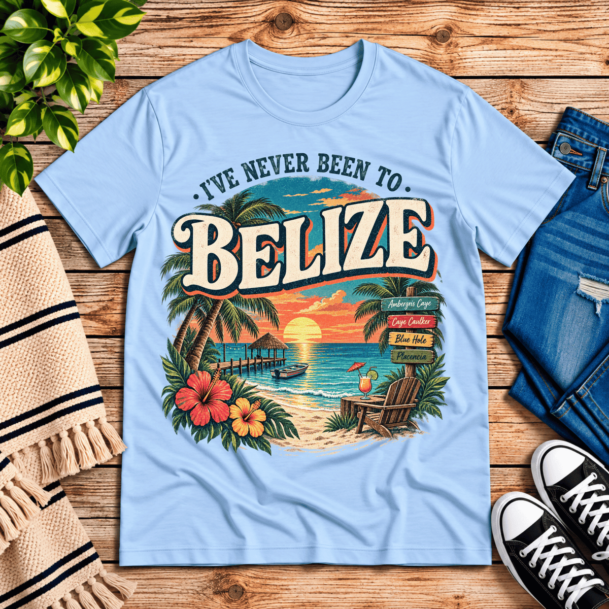 Belize funny introvert graphic t-shirt cozy flat lay in baby blue.