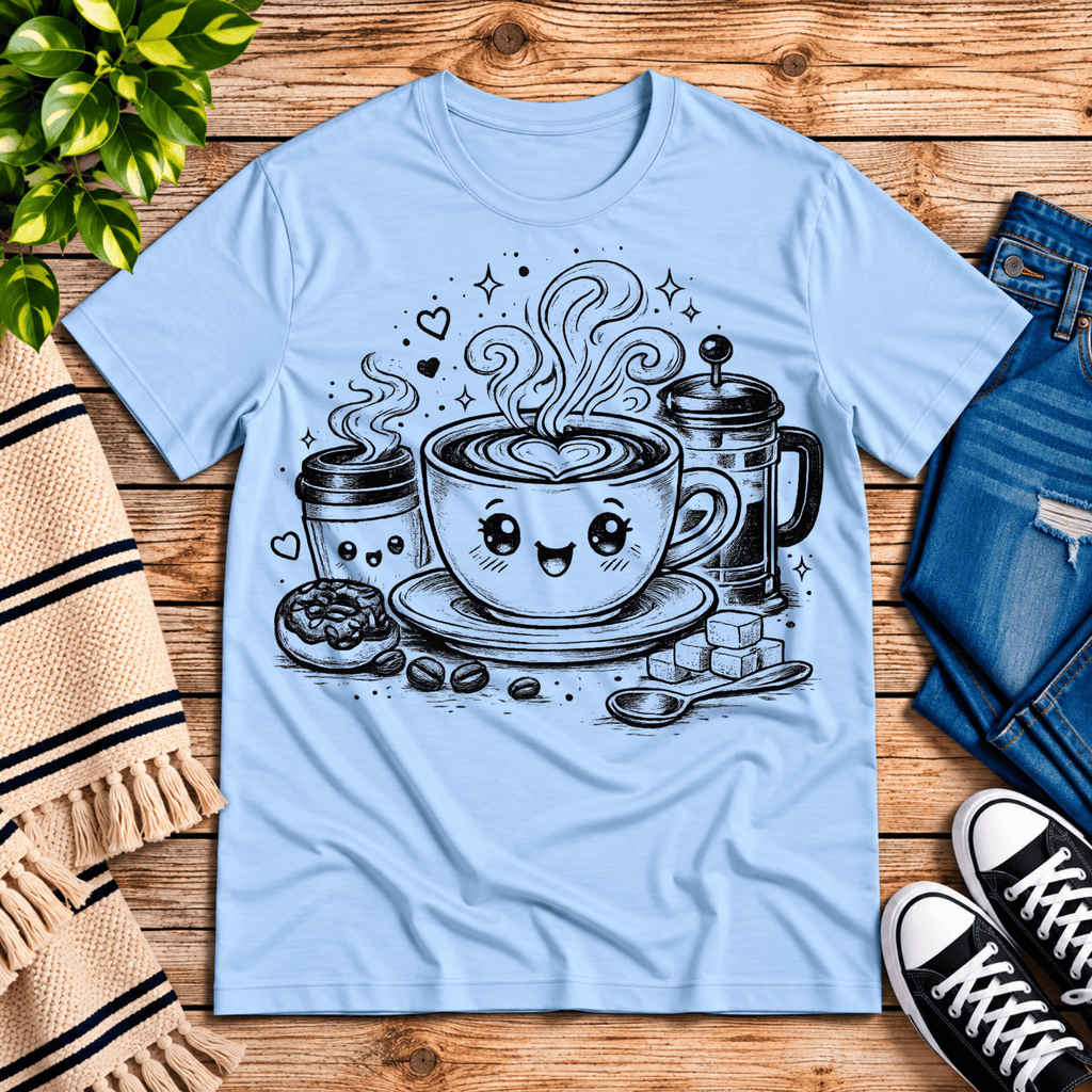 Happy Coffee cute kawaii graphic t-shirt cozy flat lay in baby blue.