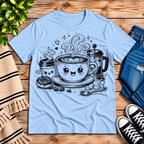 Happy Coffee cute kawaii graphic t-shirt cozy flat lay in baby blue.
