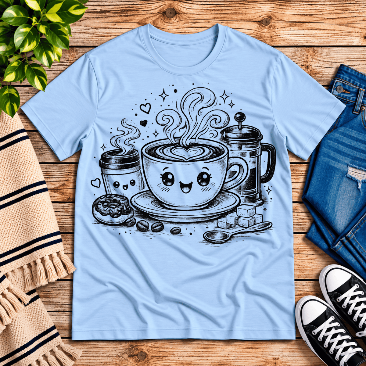 Happy Coffee cute kawaii graphic t-shirt cozy flat lay in baby blue.