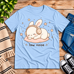 Low Noise Bunny cute animal graphic t-shirt cozy flat lay in baby blue.