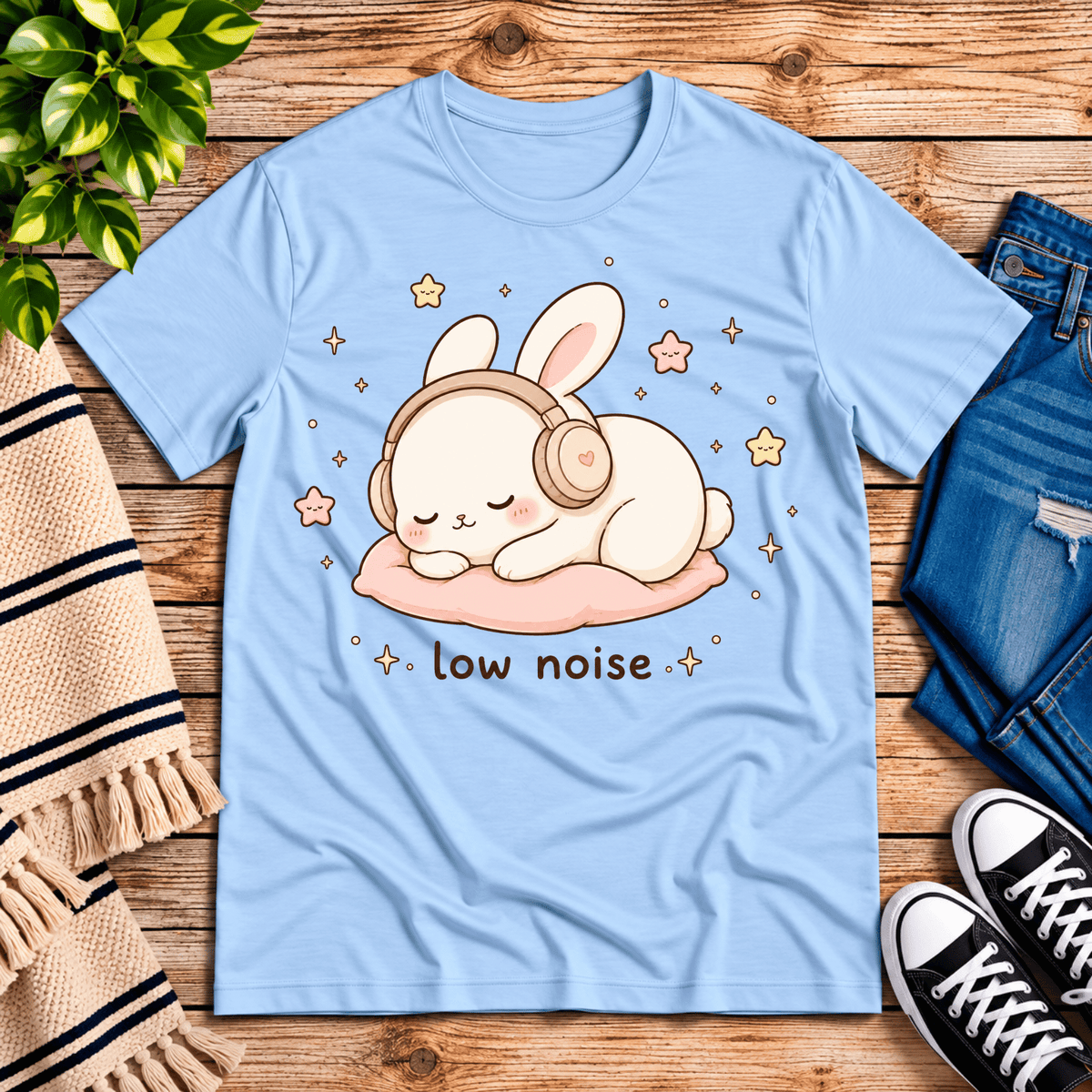 Low Noise Bunny cute animal graphic t-shirt cozy flat lay in baby blue.
