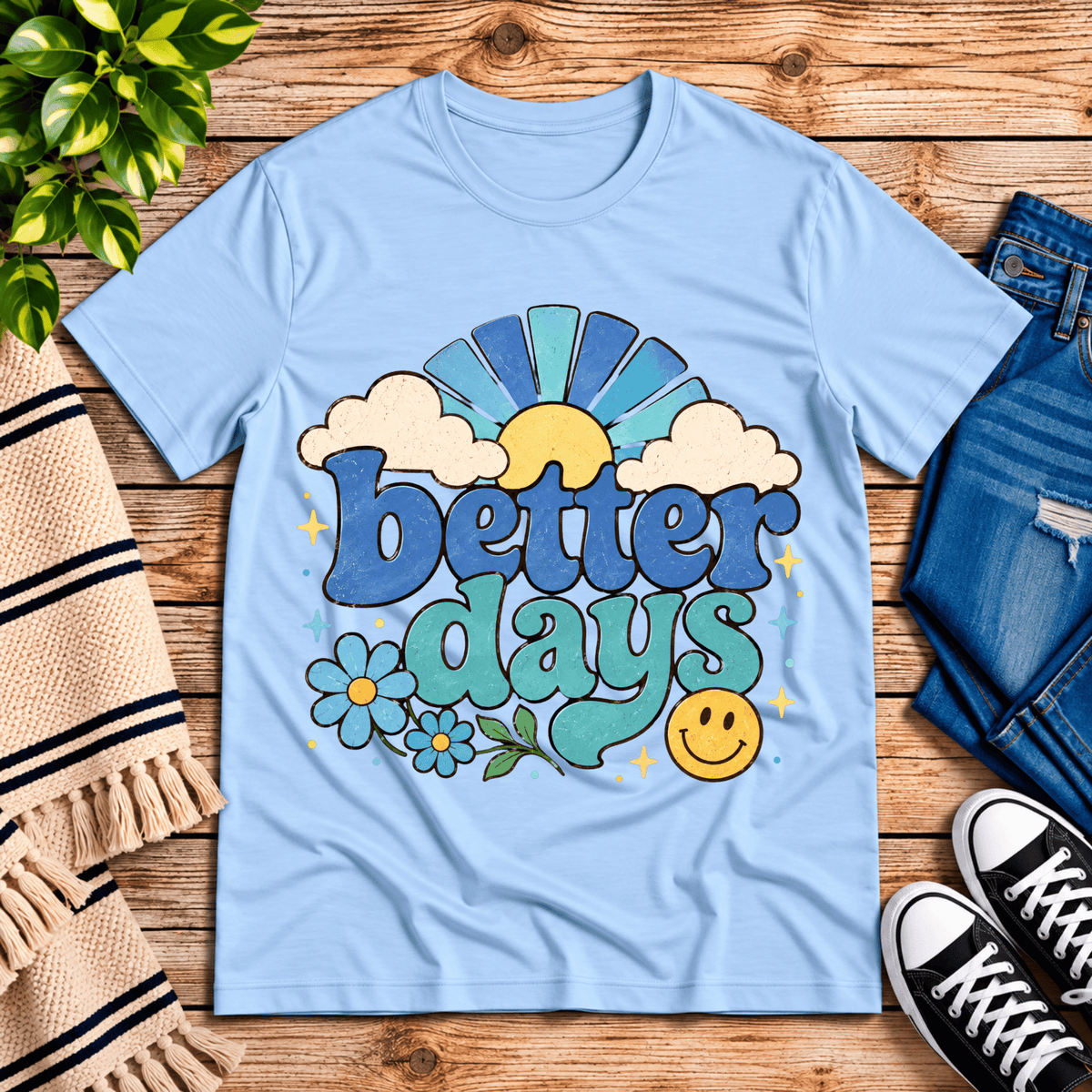Better Days inspirational introvert graphic t-shirt cozy flat lay in baby blue.