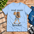 Read More vintage book graphic t-shirt cozy flat lay in baby blue.