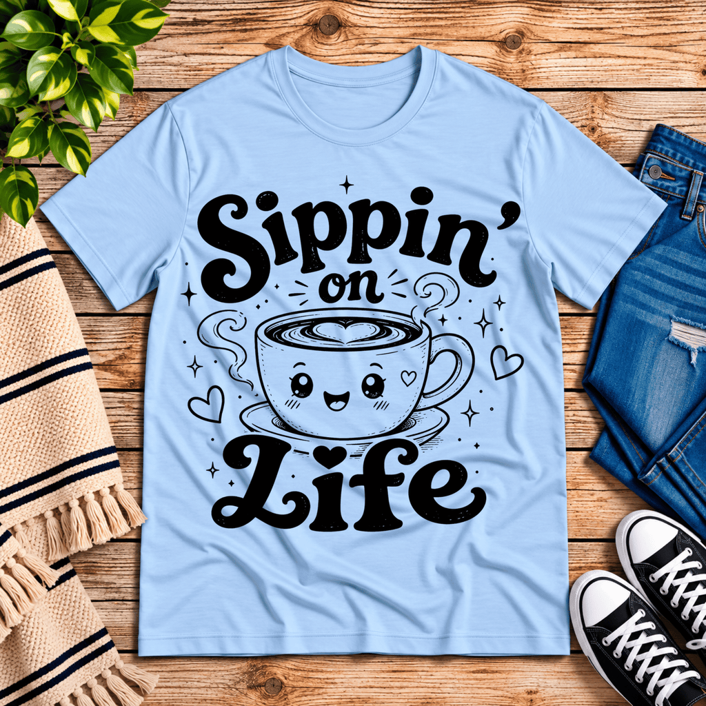 Sippin' on Life cute coffee graphic t-shirt cozy flat lay in baby blue.