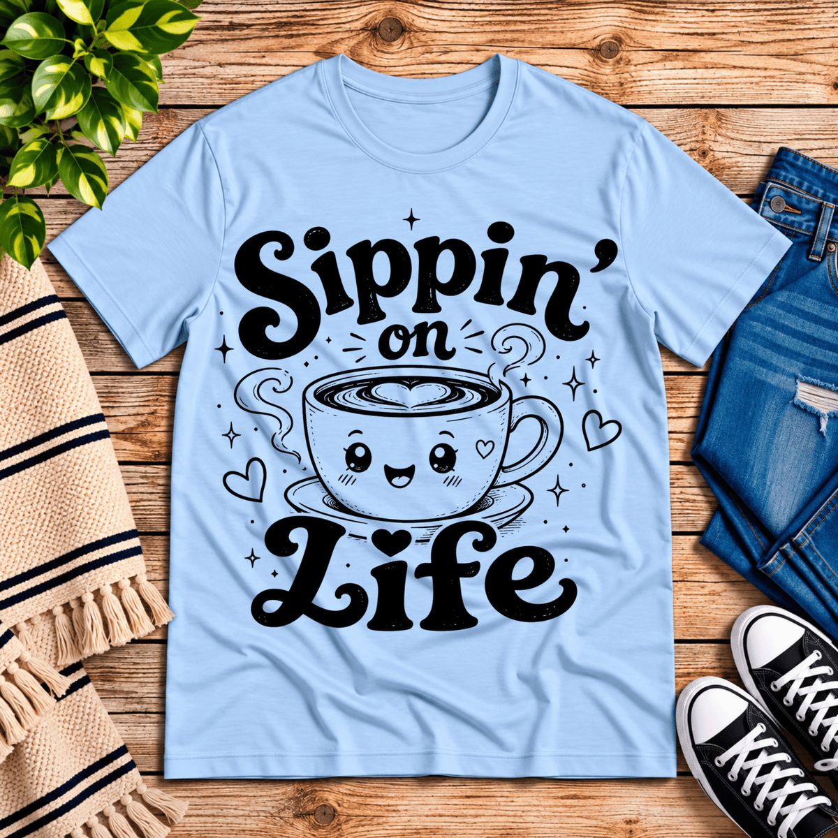 Sippin' on Life cute coffee graphic t-shirt cozy flat lay in baby blue.