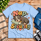 Nap Security cute animal graphic t-shirt cozy flat lay in baby blue.