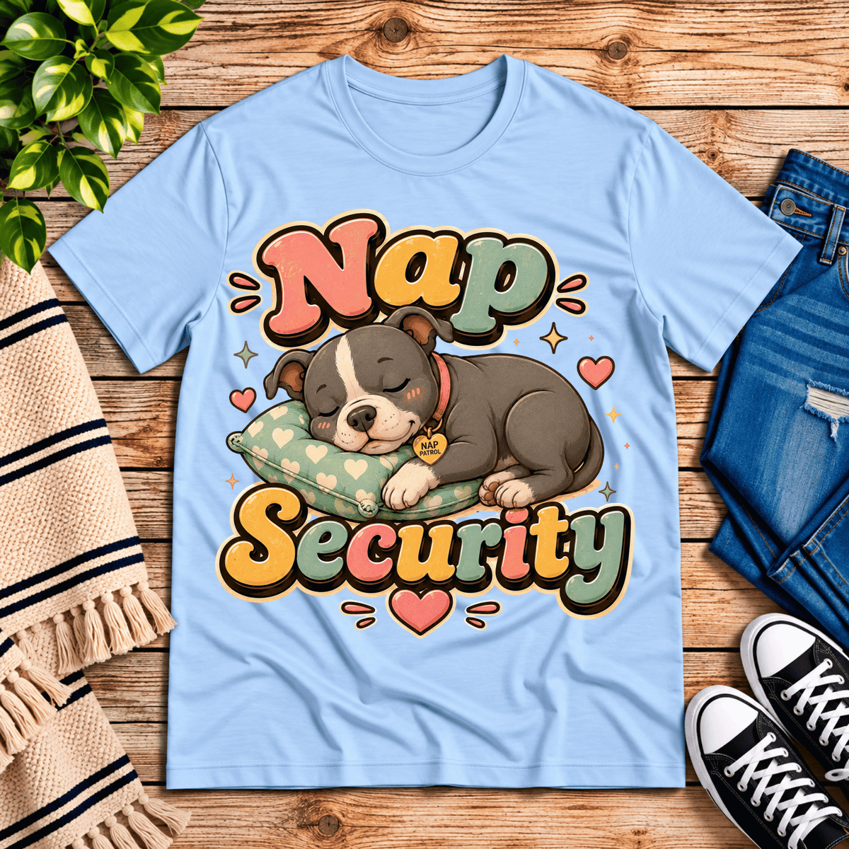 Nap Security cute animal graphic t-shirt cozy flat lay in baby blue.