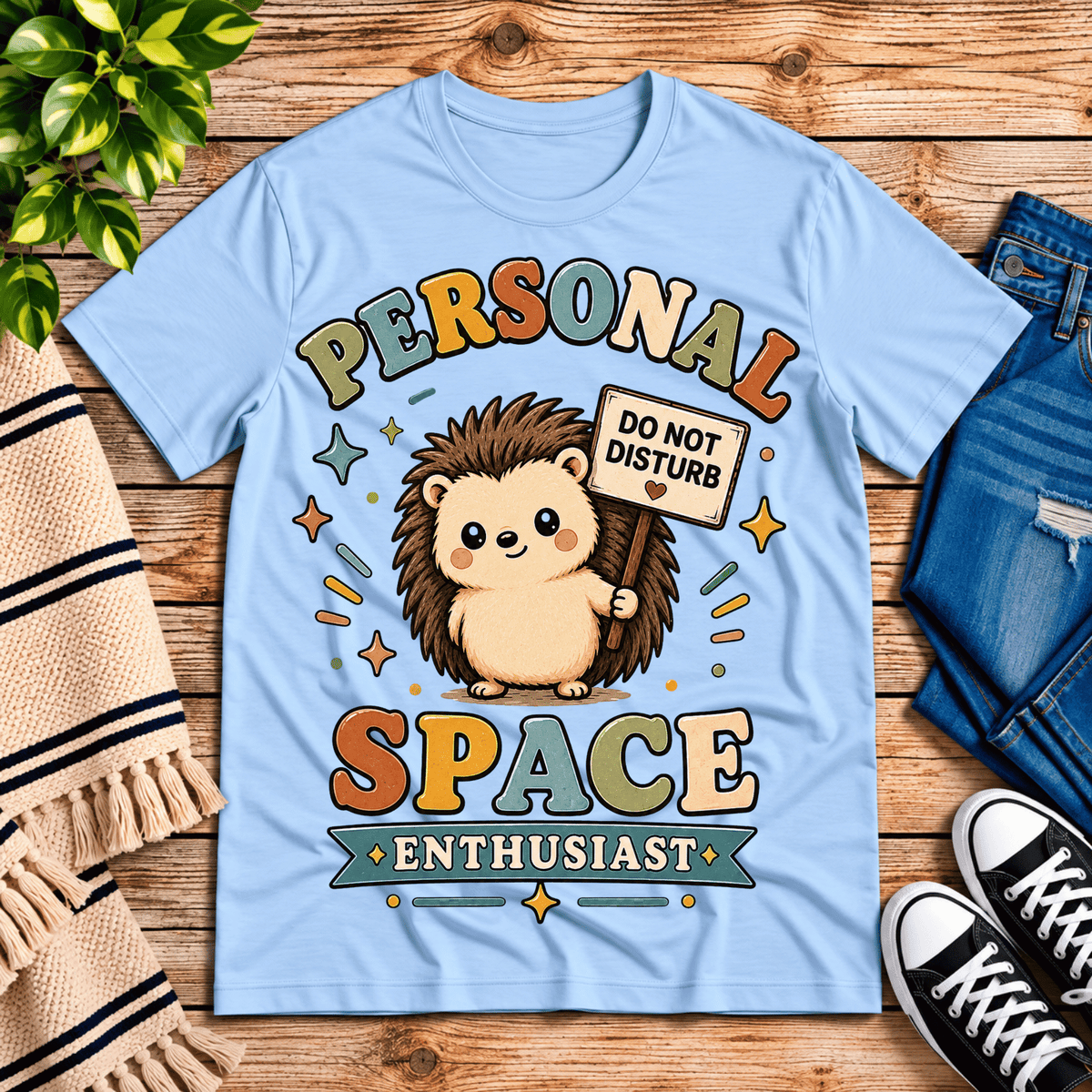Personal Space Enthusiast cute animal graphic t-shirt cozy flat lay in baby blue.