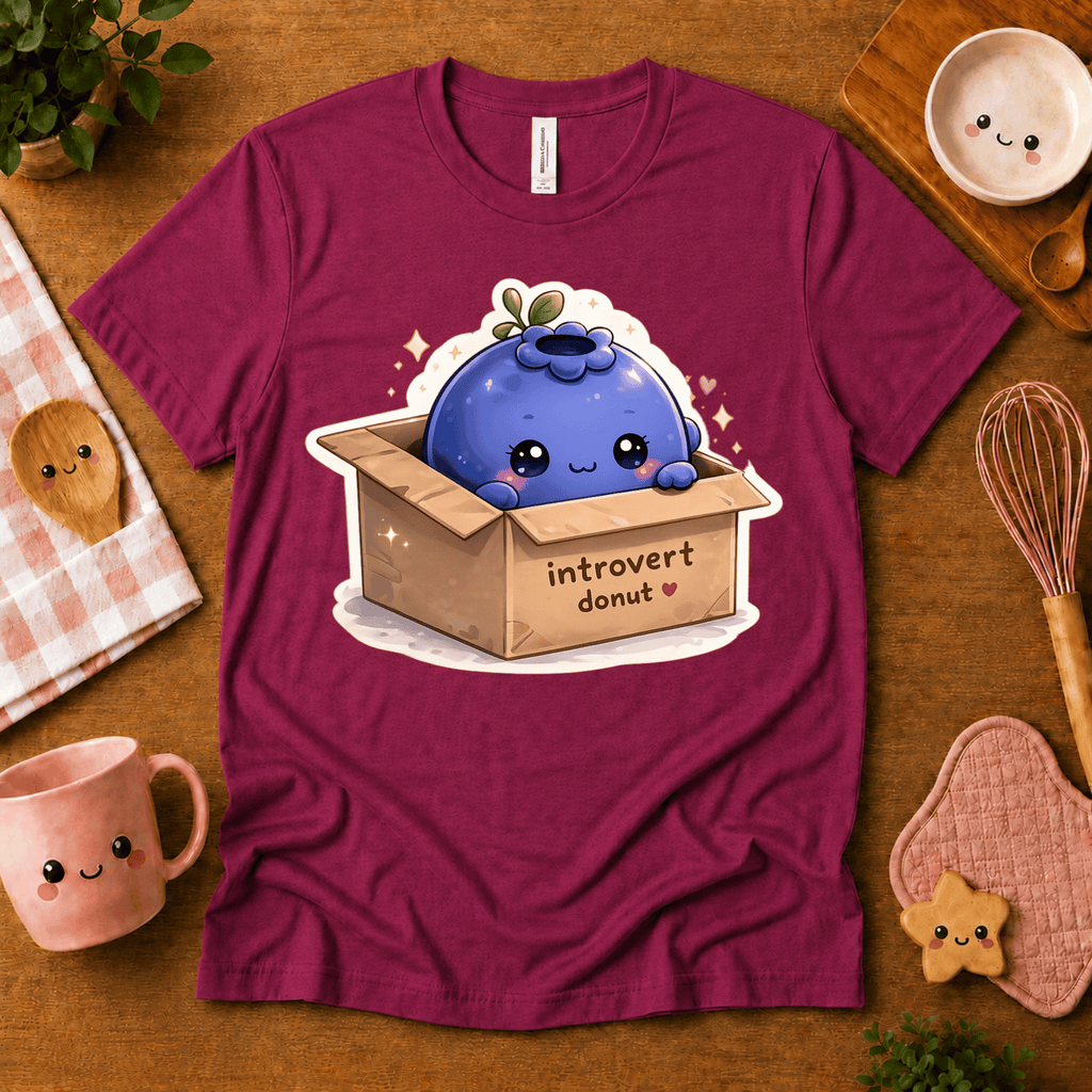 Blueberry Box cute food graphic t-shirt in cozy flat lay in berry.