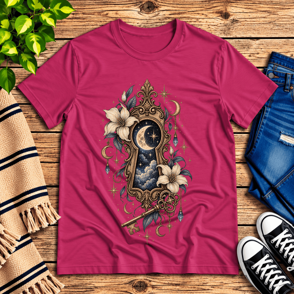 Cosmos Keyhole celestial graphic t-shirt cozy flat lay in berry.
