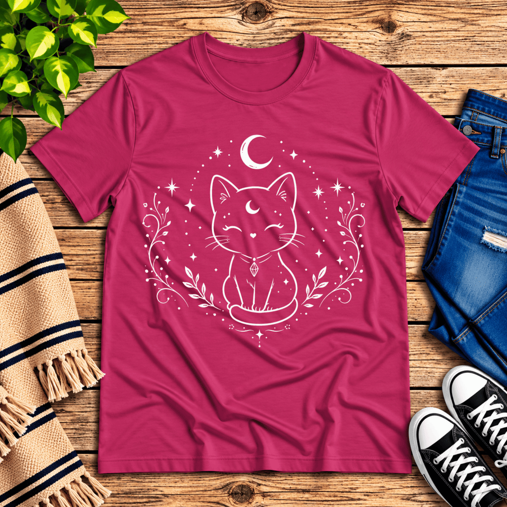 Mystical Cat celestial graphic t-shirt cozy flat lay in berry.