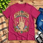Palm Reading retro mystical graphic t-shirt cozy flat lay in berry.