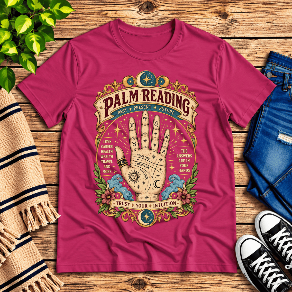 Palm Reading retro mystical graphic t-shirt cozy flat lay in berry.