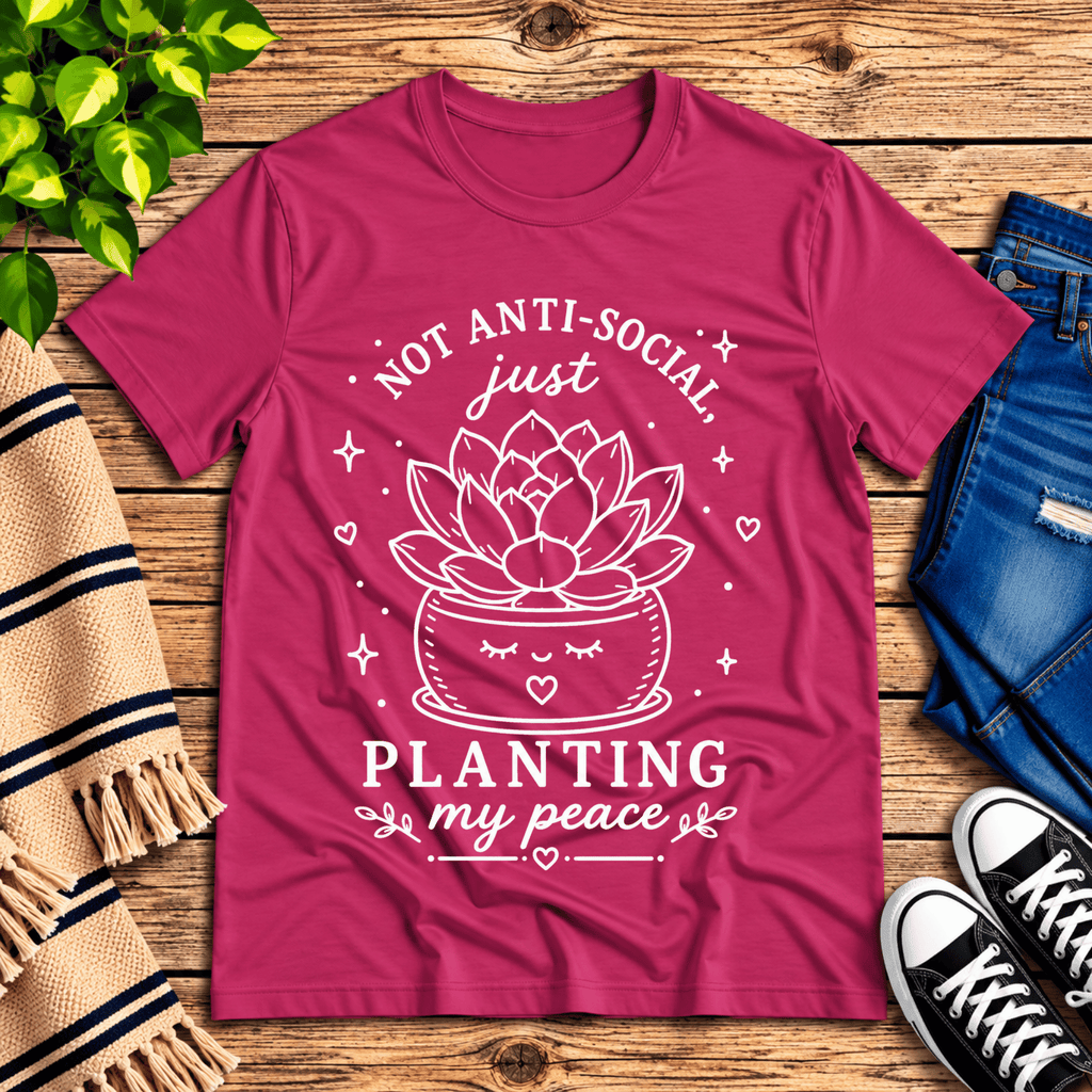 Planting My Peace cute plant graphic t-shirt cozy flat lay in berry.