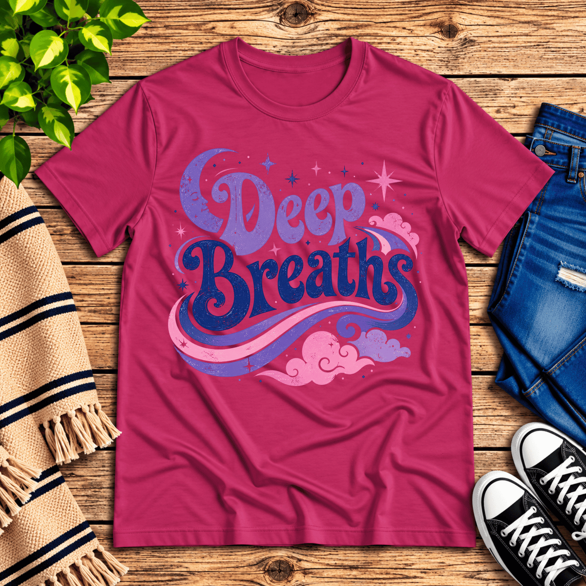 Deep Breaths inspirational introvert graphic t-shirt cozy flat lay in berry.