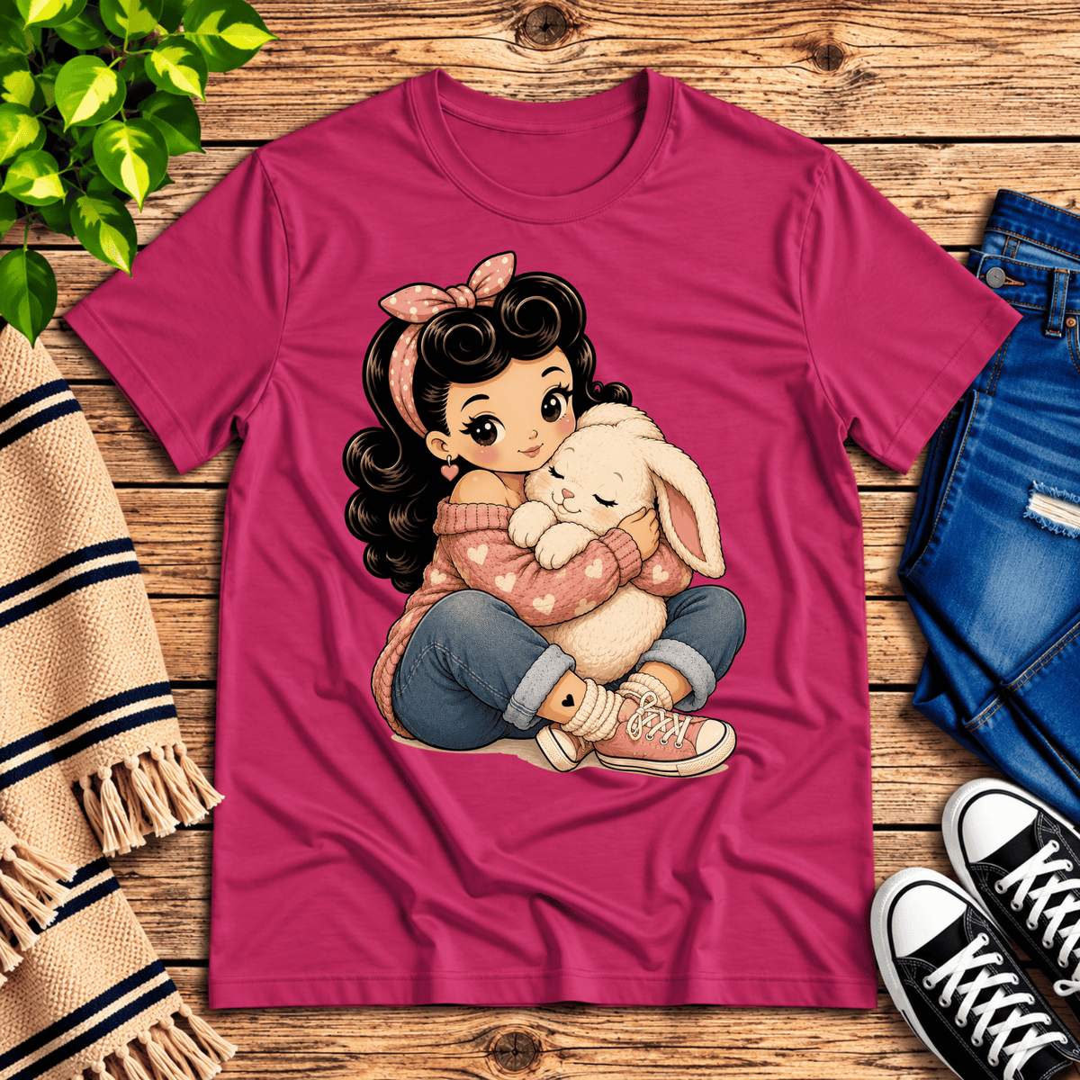 Bunny Bonnie cute pinup graphic t-shirt cozy flat lay in berry.