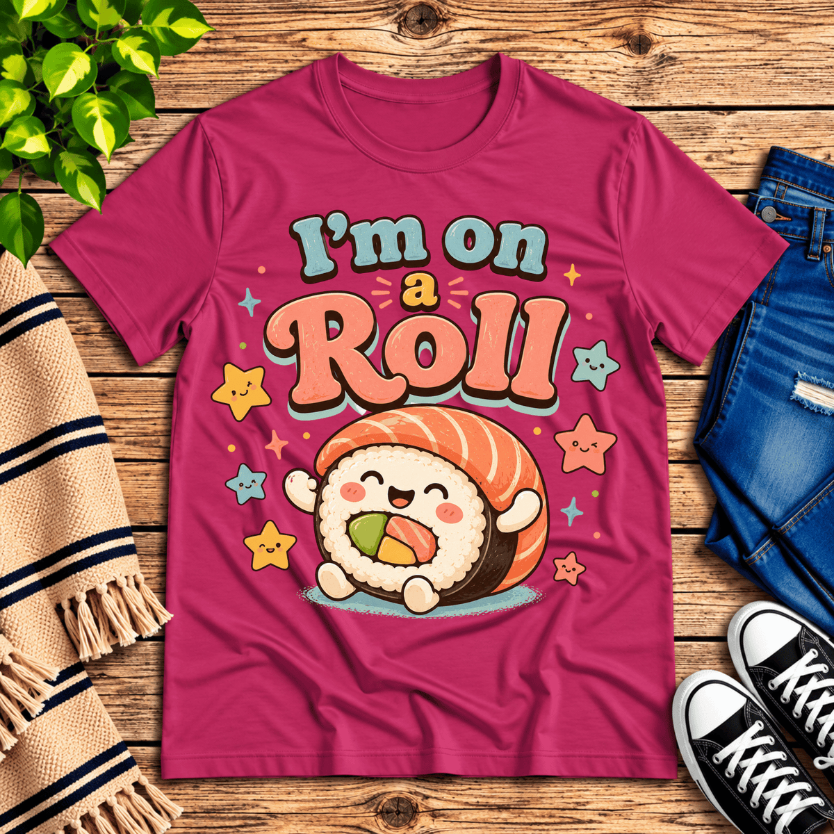 I'm On A Roll cute food graphic t-shirt cozy flat lay in berry.