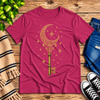 Moonlight Key whimsical celestial graphic t-shirt cozy flat lay in berry.