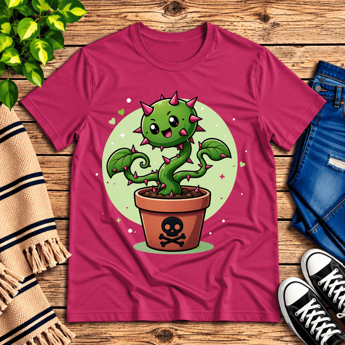 Poison Ivy cute plant graphic t-shirt cozy flat lay in berry.